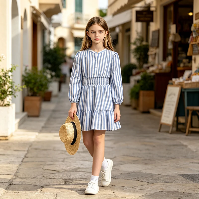 Vertical Striped Girls Spring Fall Dress 8-12 Years Notched Collar Long Bubble Sleeve Elastic Waist Tiered Ruffle Dress