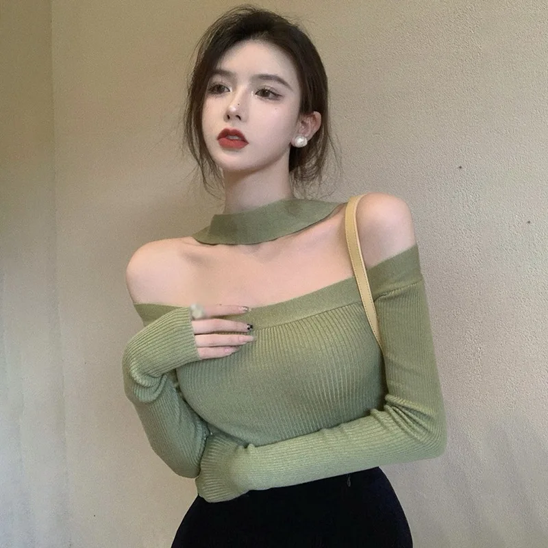 Off Shoulder Women Tops Sexy Halterneck Sweater Ladies Thin  Autumn Soft Off Shoulder Pullovers Long-sleeved Knitting Jumpers