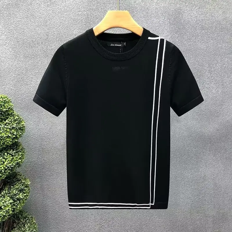 

Short Sleeve Knit Sweater Men Fashion Casual Streetwear Half Sleeve Pullover Knitwear Trending Spring Fall Lightweight Clothes