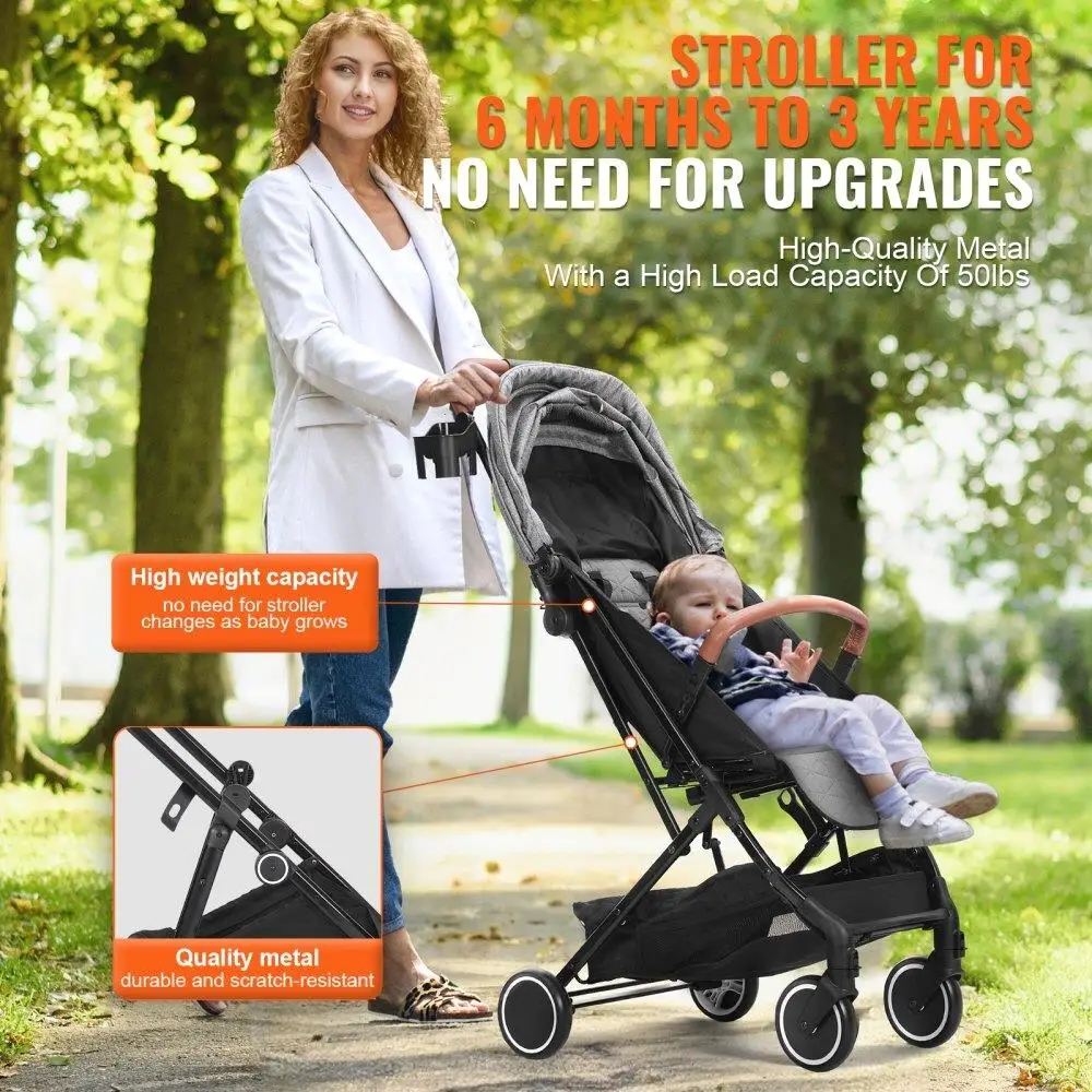 Adjustable Baby Stroller with One-Click Fold, 95°-150° Recline, Cup Holder & Carry Bag - Dark Grey