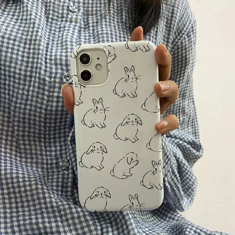 Cute Rabbit Phone Case for iPhone 16 15 14 13 12 11 Pro Max XS XR XSMax 6 7 8 Plus Cartoon Animal Glossy HD Hard PC Cover