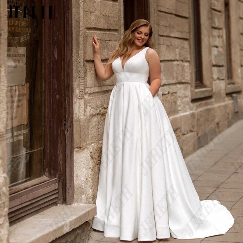 JEHETH Elegante Mouwloos Bruidsjurken Plus Size Voor Vrouw Empire Satijn Bruidsjurken A-Lijn KJETH Elegant Mouwloos Trouwjurken Plus Size Voor Vrouw Keizerrijk Satijn Bruidtoga A-lijn Klassieke V-hals vestidos de novia