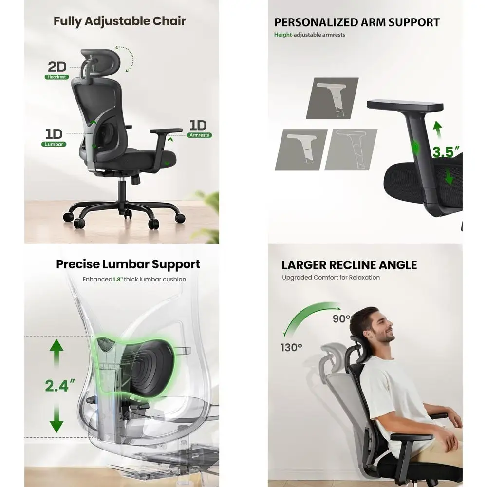 

Эргономичное офисное кресло с поясничной поддержкой, 2D-подлокотниками, регулируемой подушкой и колесиками для дома и офиса