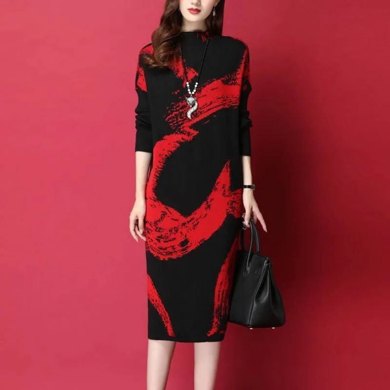 Women's Autumn and Winter New Fashion Pullover Half High Collar Patchwork Printing Loose Slimming Long Sleeve Over Knee Dress