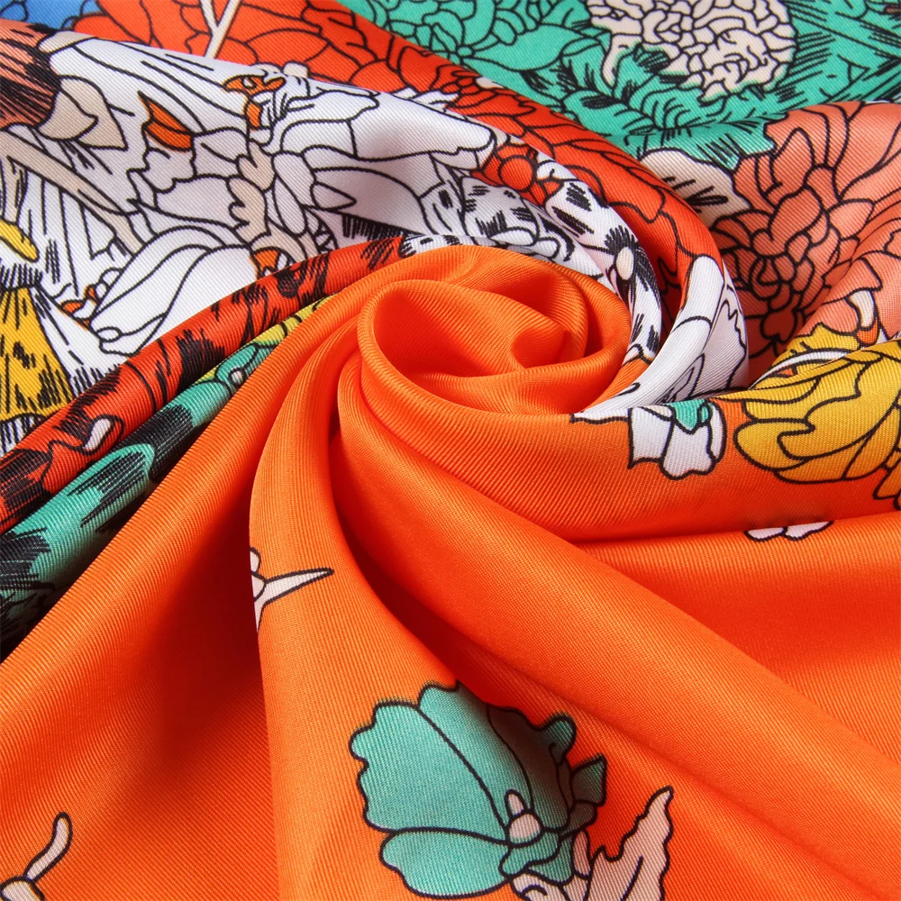 POBING Silk Scarf Women Large Shawls Flowers Horse Stoles Square Bandana Luxury Kerchief Hijab Scarf Female Foulards 130CM