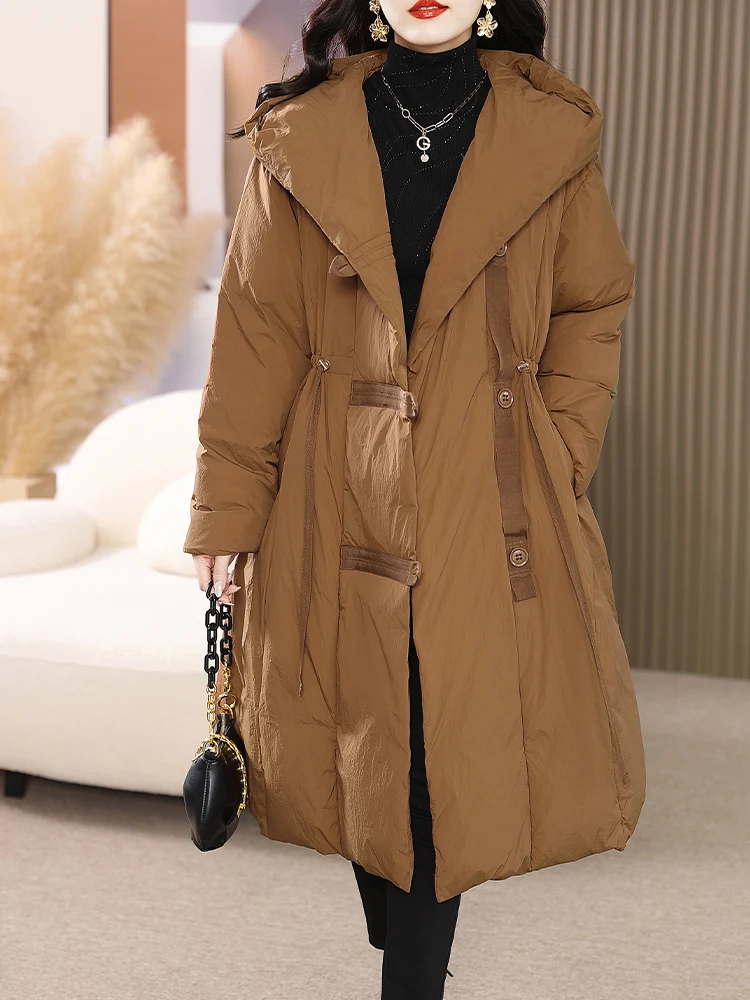 Chinese Style Thick Warm Long Down Coats for Women, White Duck Down Coats, Thin Waist Coat, Hooded Loose Jackets, Stylish Winter