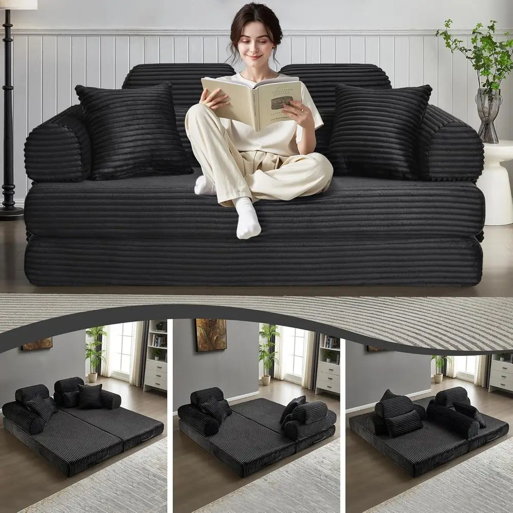 Convertible Sleeper Sofa Bed, 78.5 Corduroy Loveseat Couch, Queen to King Size Memory Foam Sofa, Black, No Assembly Needed