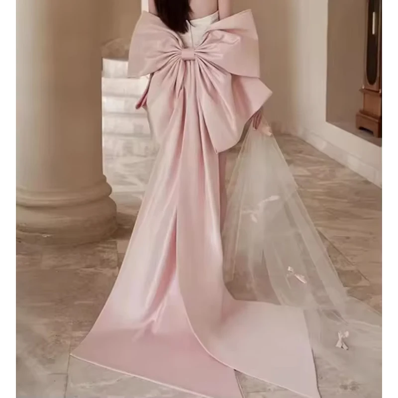 Pink Satin Wedding Detachable Big Bow With Ribbons Formal Party Removable Train Prom Bridal Oversize Knots Customized 2025