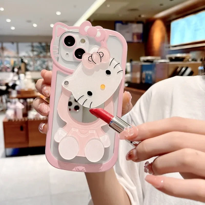 Sanrio Hello Kitty Shockproof Case For iPhone 14 13 11 12 Pro Max XS XR 7 8 Plus With Cosmetic Mirror Cartoon Transparent Cover