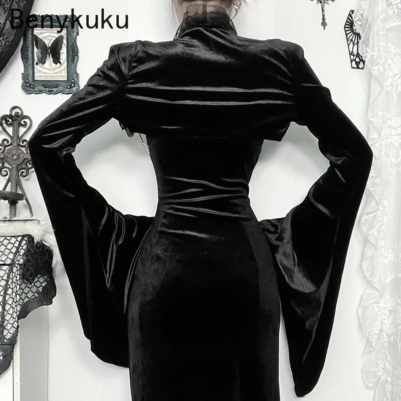 Goth Punk Victoria Velvet Crop Top Flare Sleeve Shrug Female Slim Bolero Partywear Grunge Jacket Vintage Gothic Clothes Cover Up