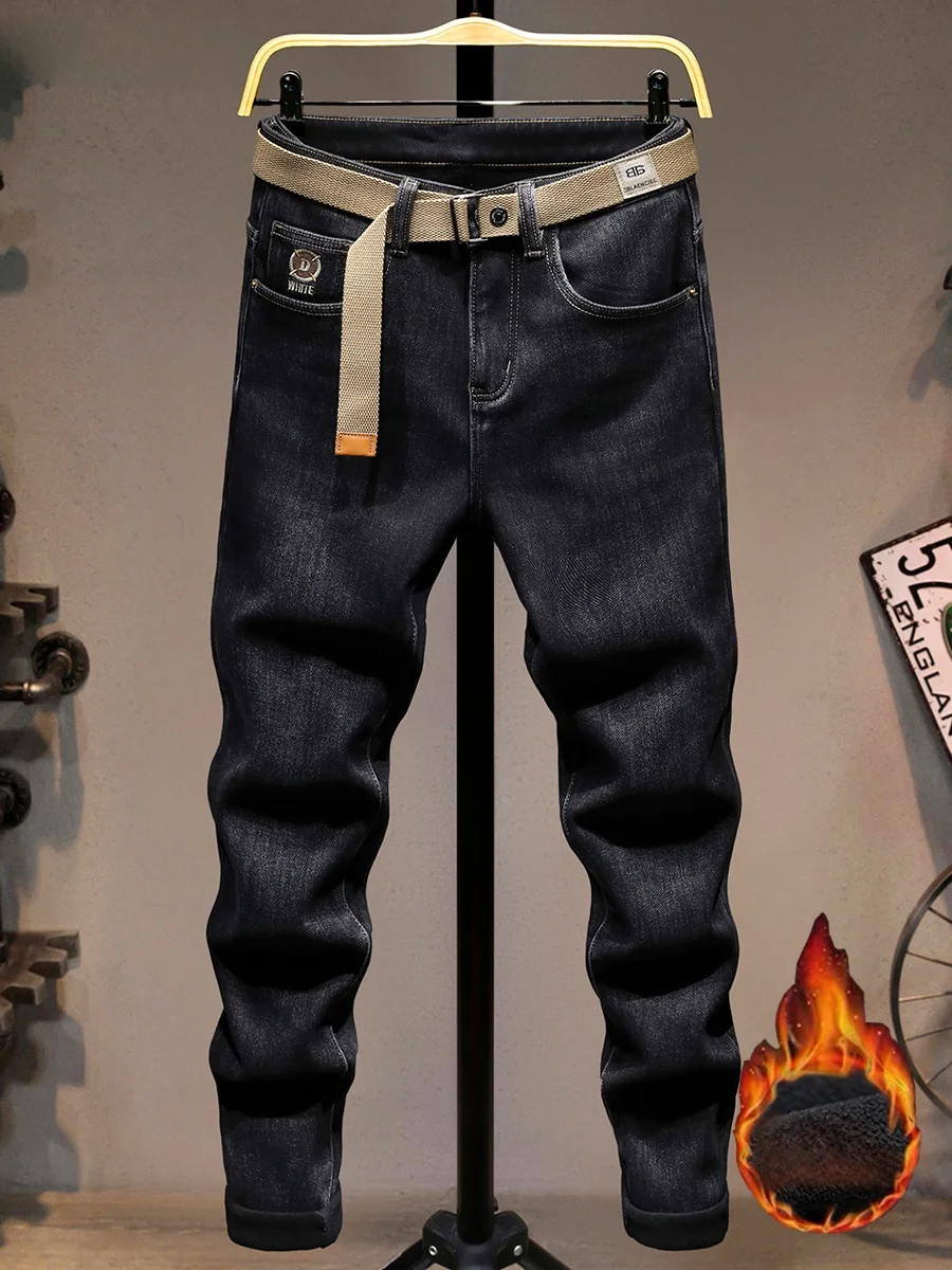 

Мужские джинсы премиум-класса на флисовой подкладке, эластичные, зимние, теплые, зауженные, молодежные, модные, брендовые, с вышивкой, длинные брюки, дышащие, современные