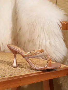 夏季女士拖鞋涼鞋 12cm 13CM 露趾水晶細跟透明厚底女鞋性感款訓練鞋 10 最佳銷售 水晶鞋 - №10