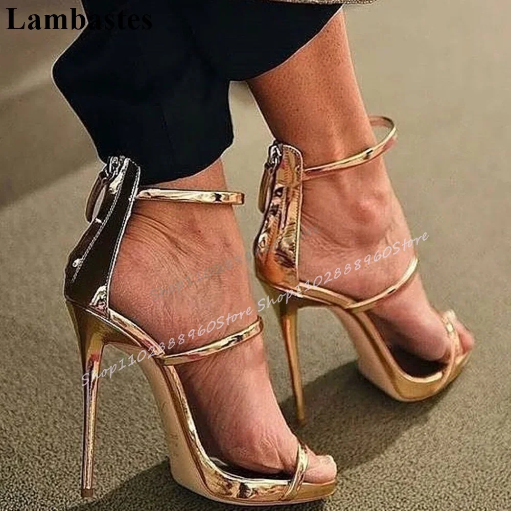 

Metallic Gold Narrow Strap Sandals Stilettos High Heel Shoes For Women Back Zipper Open Toe 2025 Fashionable Zapatillas Mujer