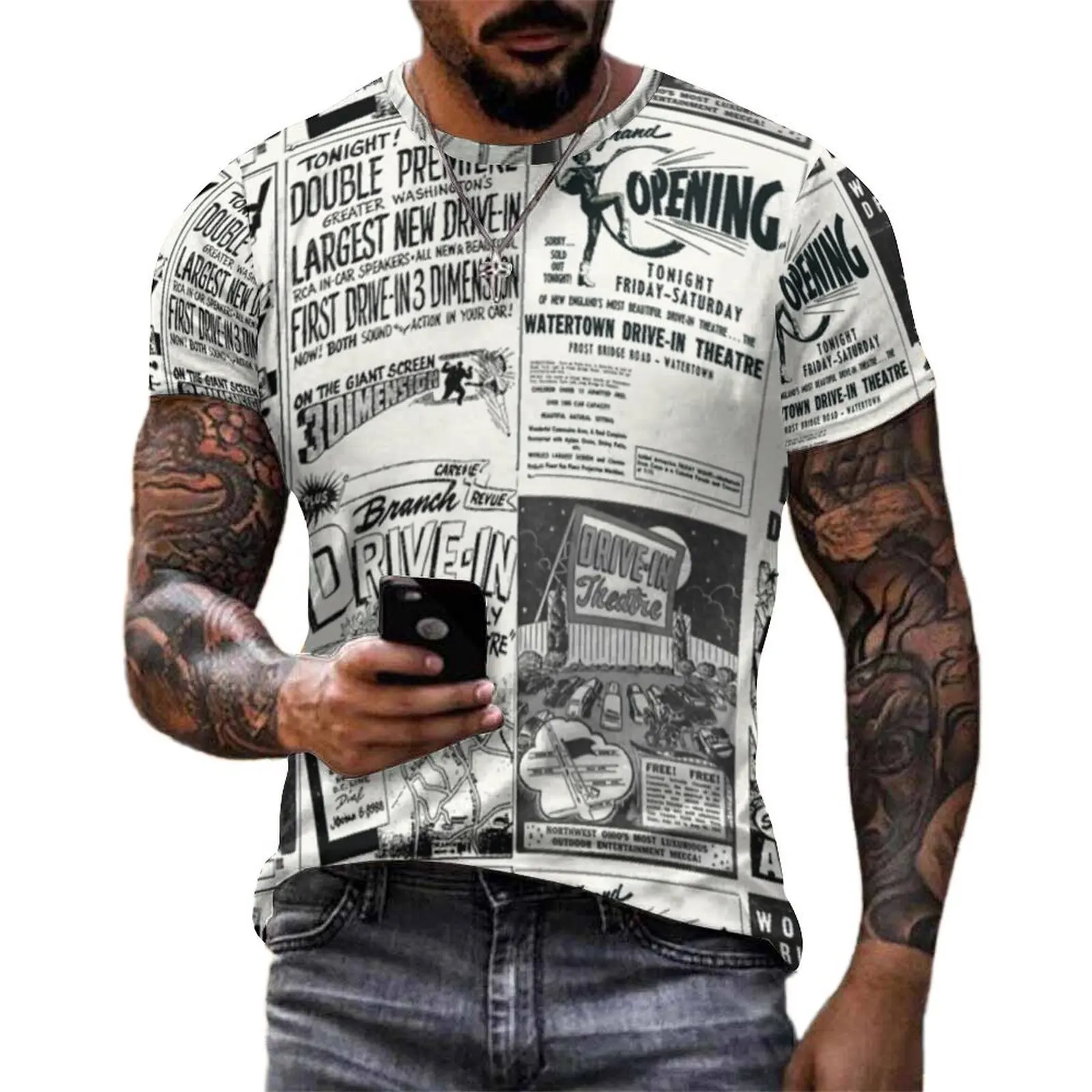 Summer T-Shirt Newspaper Adverts T Shirts Movie Flyers Kawaii Vintage Tee Shirt For Men Short Sleeves Graphic Oversize Tops
