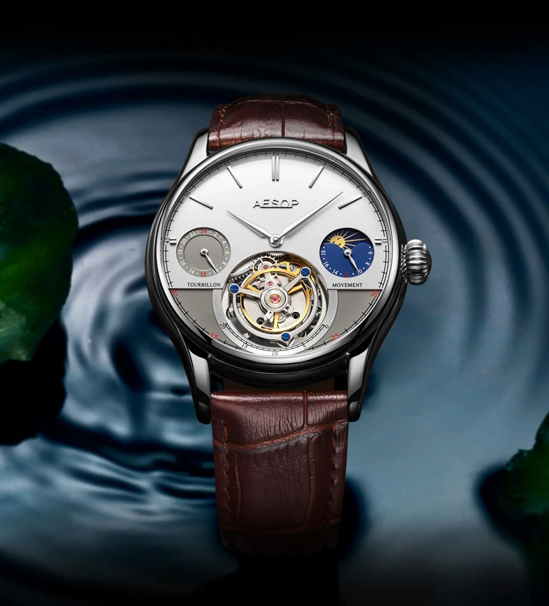 HOT SALE ！AESOP（manual 7023G） Tourbillon Mechanical Watch Lelaki Kulit Asli Sapphire Glass，Dial diameter42.5MM