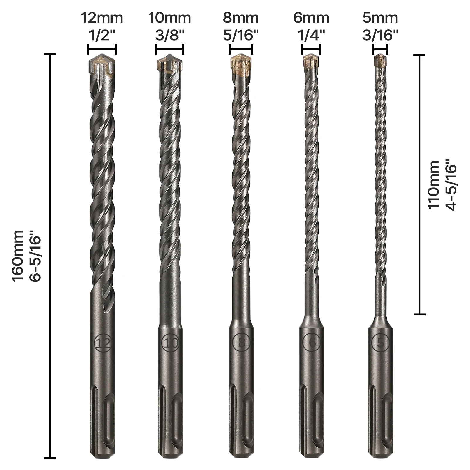 5 Stück 5-6-8-10-12mm SDS PLUS Schaft Elektrohammer Hartmetallbohrer 160mm Länge für Betonwand Granit Mauerwerk Ziegel Stein – Detail 2