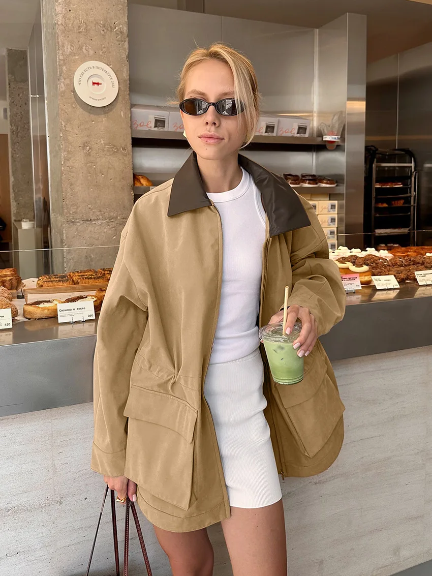 معطف واق من المطر جديد لعام 2025 بتصميم ريترو كاكي عكسي للسيدات من الخريف والشتاء متباين اللون متوسط الطول إن لانج جاس dameskleding #5