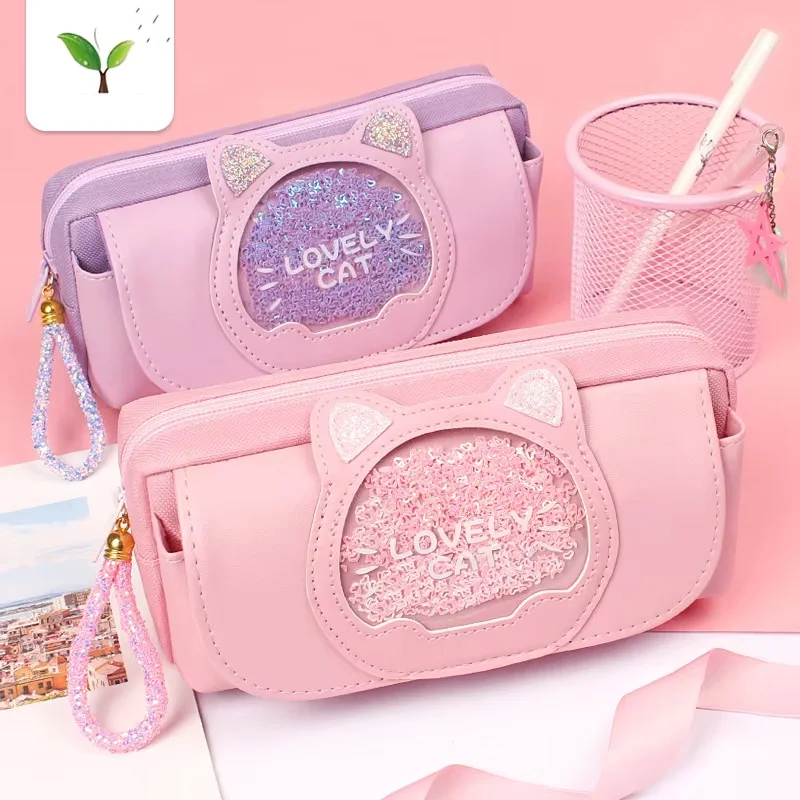 

1Pc Cute Cat Head Quicksand Pencil Case for Girls Student Storage Bag Large Capacity Three Layers Pencil Case Student Stationery