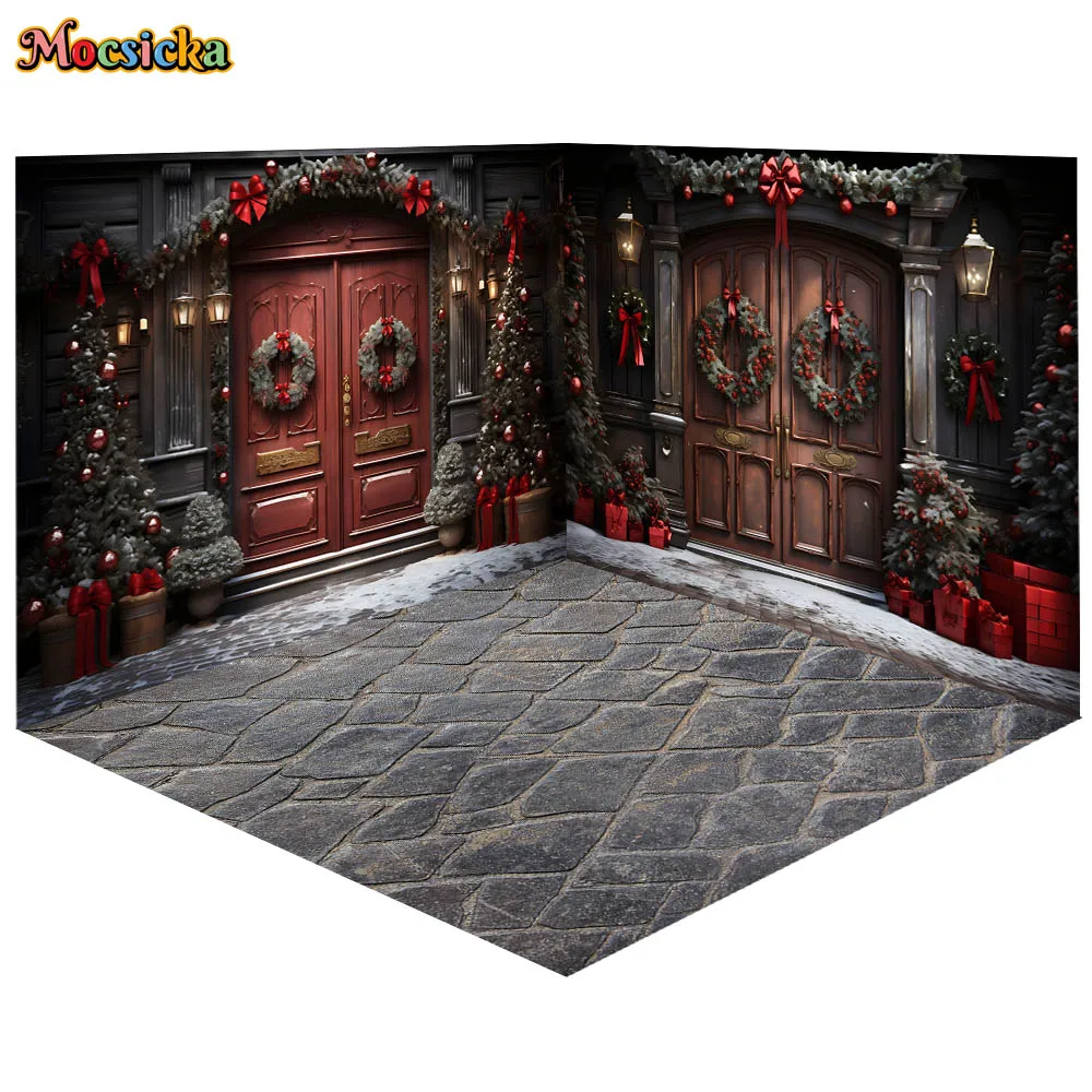 Christmas Room Retro Red Door Photography Backdrops Family Portrait Props Winter Xmas Tree Kids Birthday Photo Background Studio