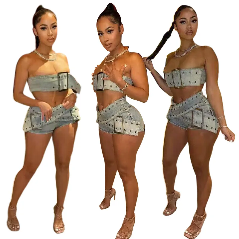 Summer Stretch Denim Short Outfit Strapless Belted Denim Crop Top And Jean Shorts Casual 2 Piece Set Streetwear Women'S Sets