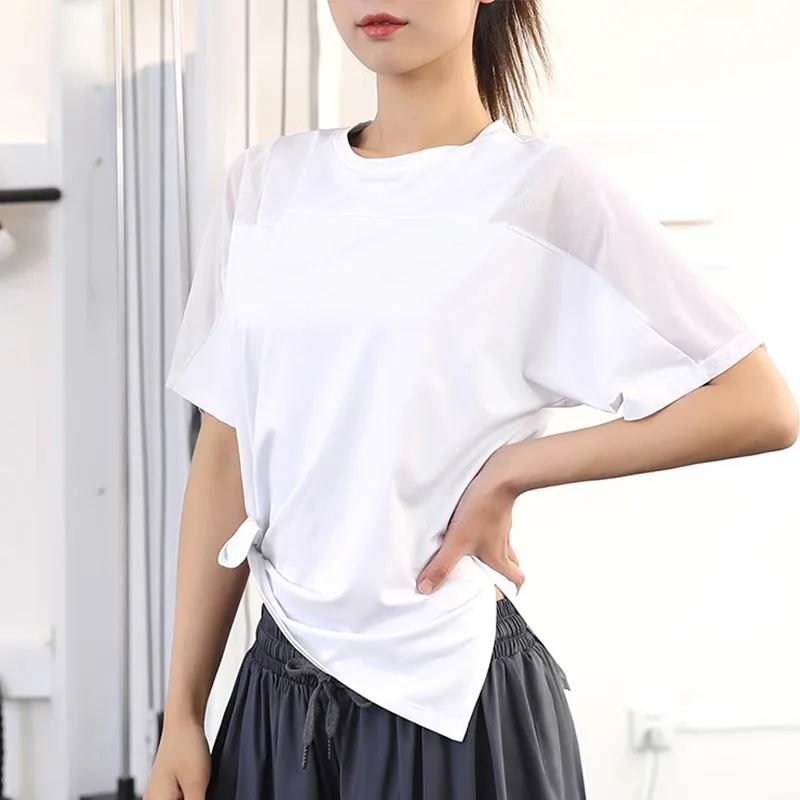 Frauen Mesh Stitching Sport T-Shirt Frau Yoga Kurzarm Fitness Tops lose Sport Fitness Shirts schnell trocken laufende Shirts