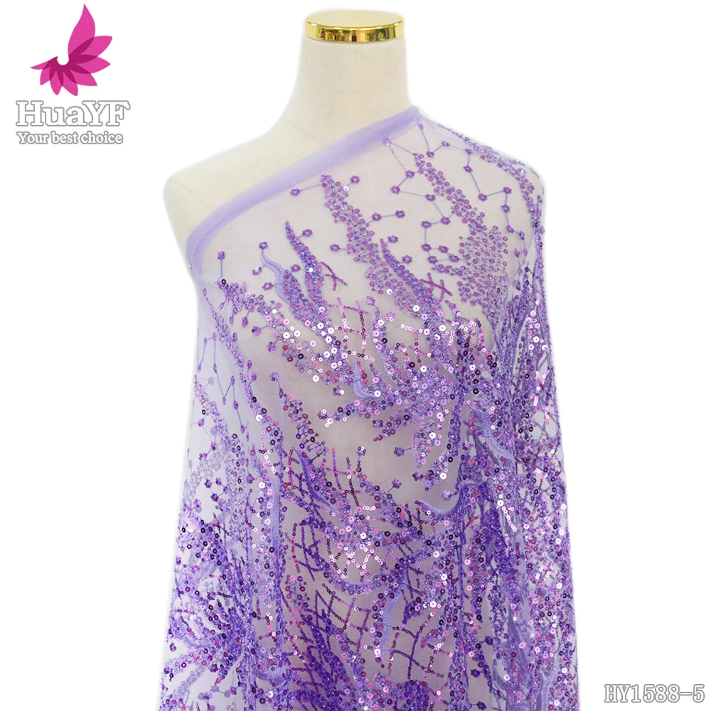 New Arrival Beaded French Net Lace fabric LILAC African Tulle Lace Fabrics With Sequins Embroidery For Party Dress HY1588