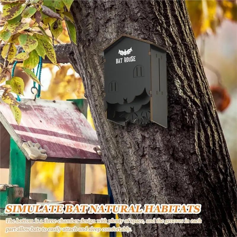 Y49A-Wooden Bat House Outdoor For Outside Wall Mount Three-Chamber Shelter Box For Bat Habitat In Garden Tree