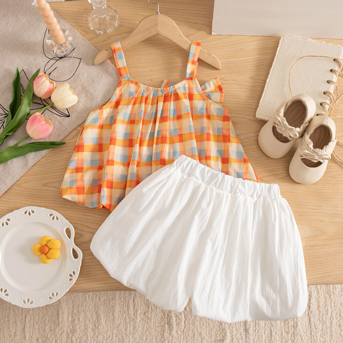 Toddler Girl Korean Style Set Bow Orange Suspender Tops with Shorts 2 Pieces Girls Summer Beach Vacation Outfit
