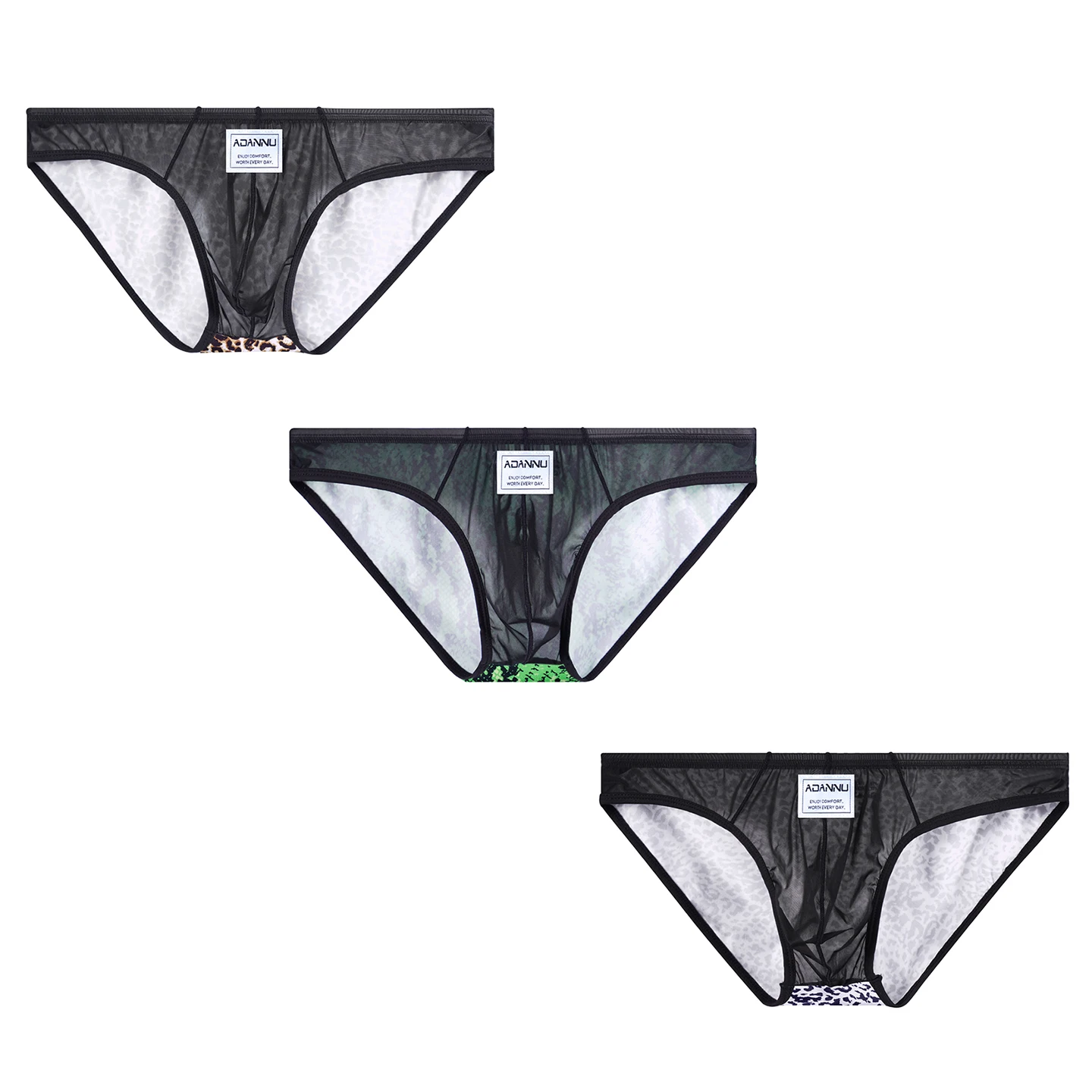 CMENIN 3Pcs Sexy Leopard Men's Briefs Ultra-thin Transparent Mesh Man Underpants Breathable Large Crotch Pouch Mens Brief Trunks