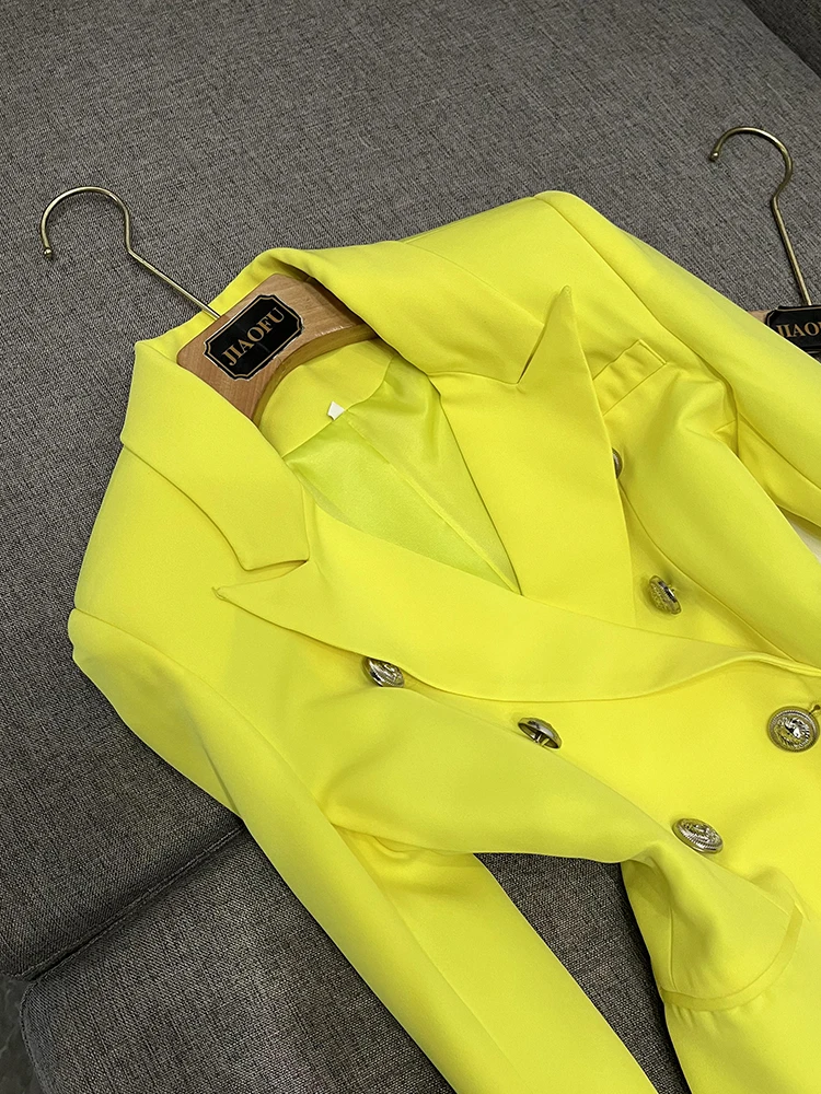 Ele Yellow Double-Breasted Slim Fit Autumn Winter Suit for Commuting Pure Color Trendy Ladies' Busin Wear