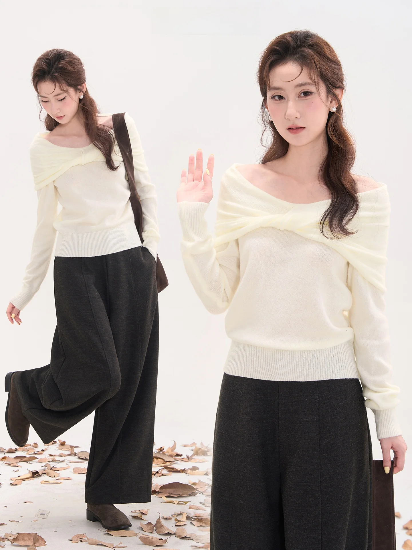 

Вязаный свитер Ele Heme Moonlight белого цвета с спиральным узором и дизайном на одно плечо, женский осенний топ, теплый, с длинными рукавами