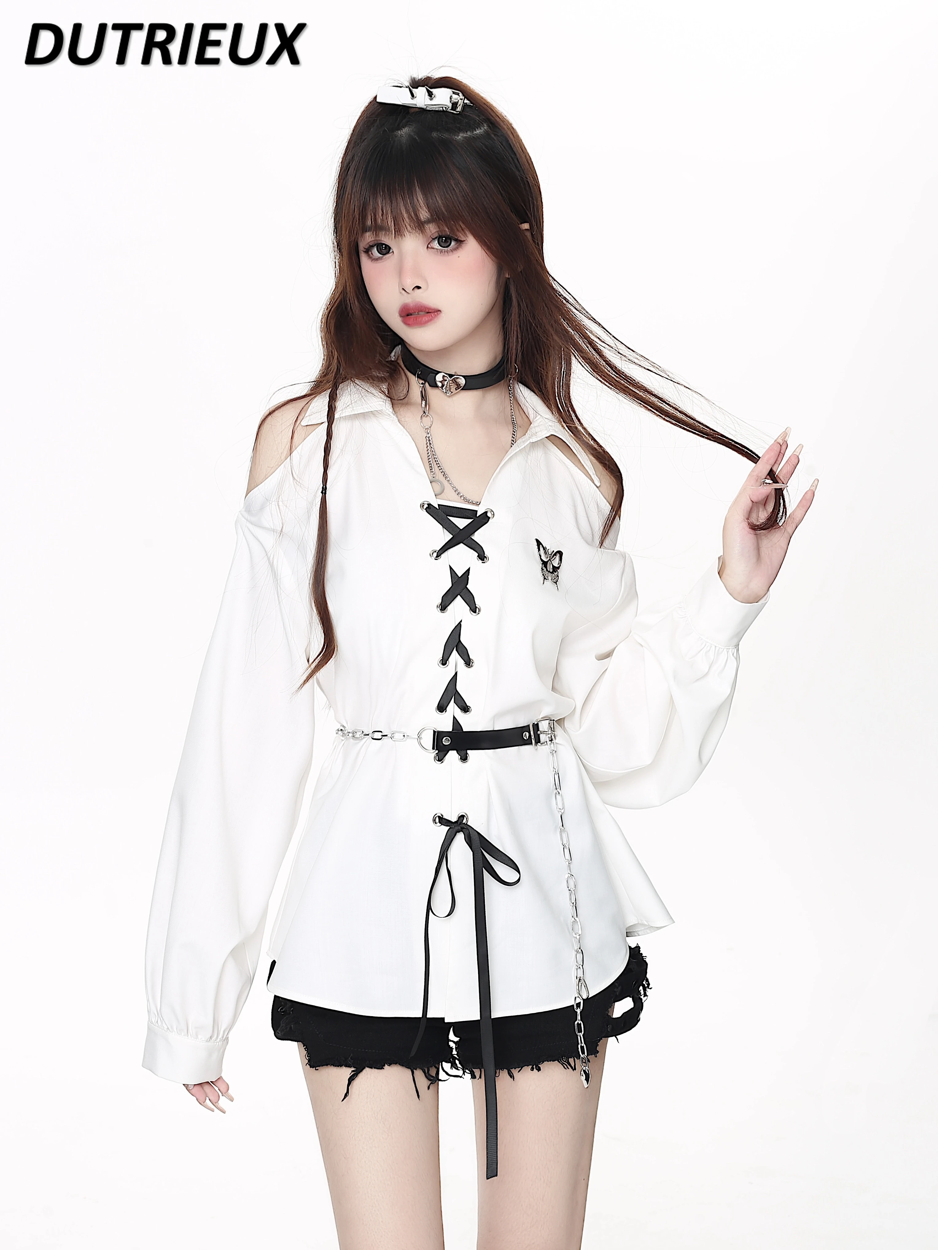 Japanese Original Hollow Offshoulder Pure Desire Strap Spring Summer Shirt Solid Color Long-sleeved Versatile Sweet Girls Top