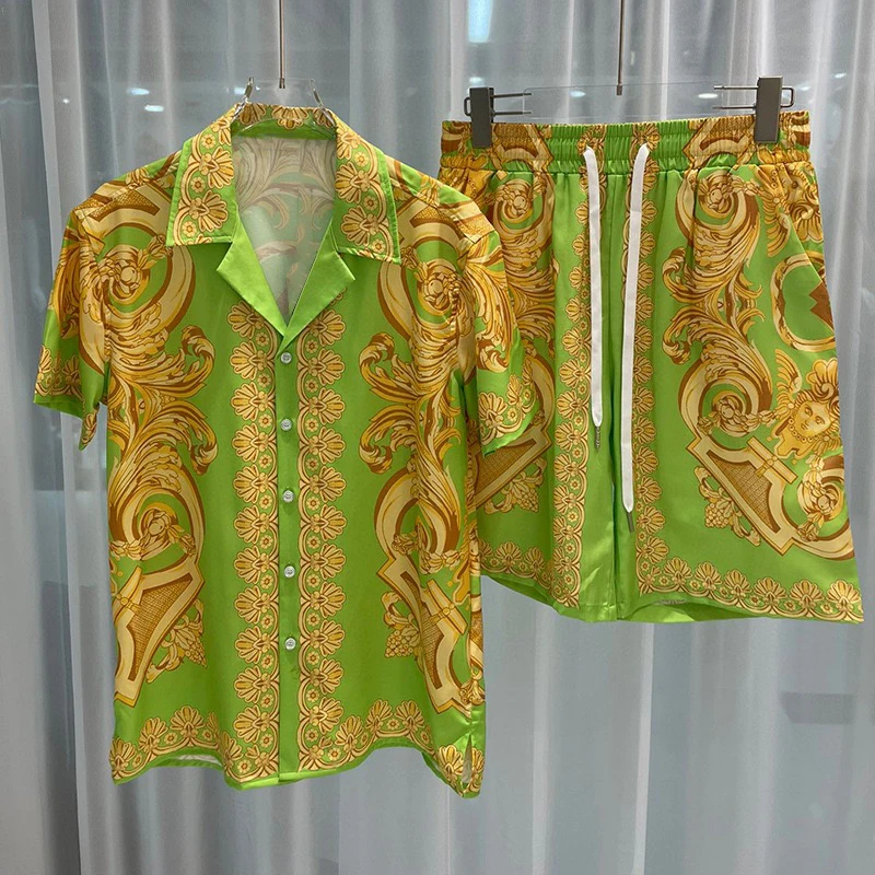 Conjunto de Camisa de Verano para Hombre, Estampado 3D Vintage con Patrón de Dragón Plateado, Camisa Casual de Manga Corta para Playa, Pantalones Cortos de Playa Extra Grandes, Trajes Hawaianos