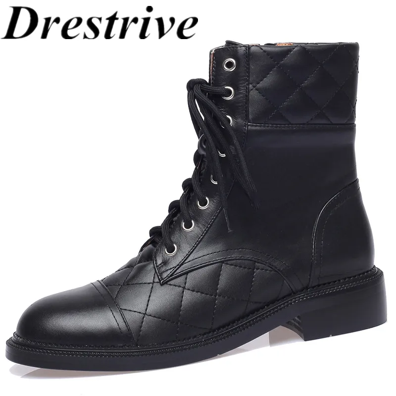 

Drestrive Brand Women Ankle Boots 2022 Classic Lace Up Low Heels Round Toe Cow Leather Sewing Luxury Winter Shoes