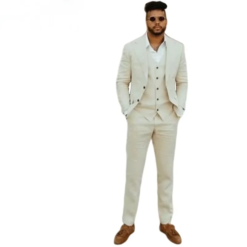 

"Custom Men's 3-Piece Slim Fit Linen Suit Set - Peak Lapel Jacket + Vest + Pants for Wedding/Prom/Business/Dinner/Tuxedo"