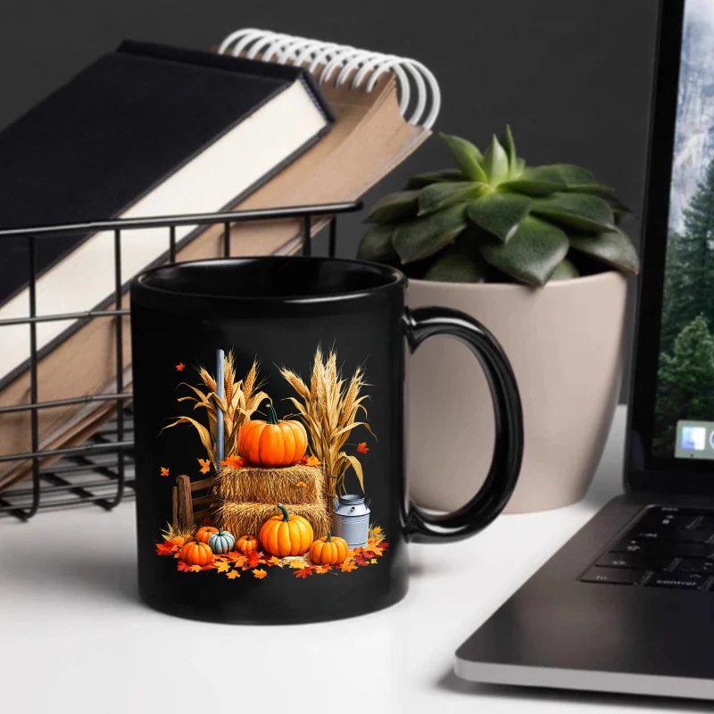 Black ceramic cup, autumn harvest pumpkin and corn stalk design, suitable for autumn coffee and tea