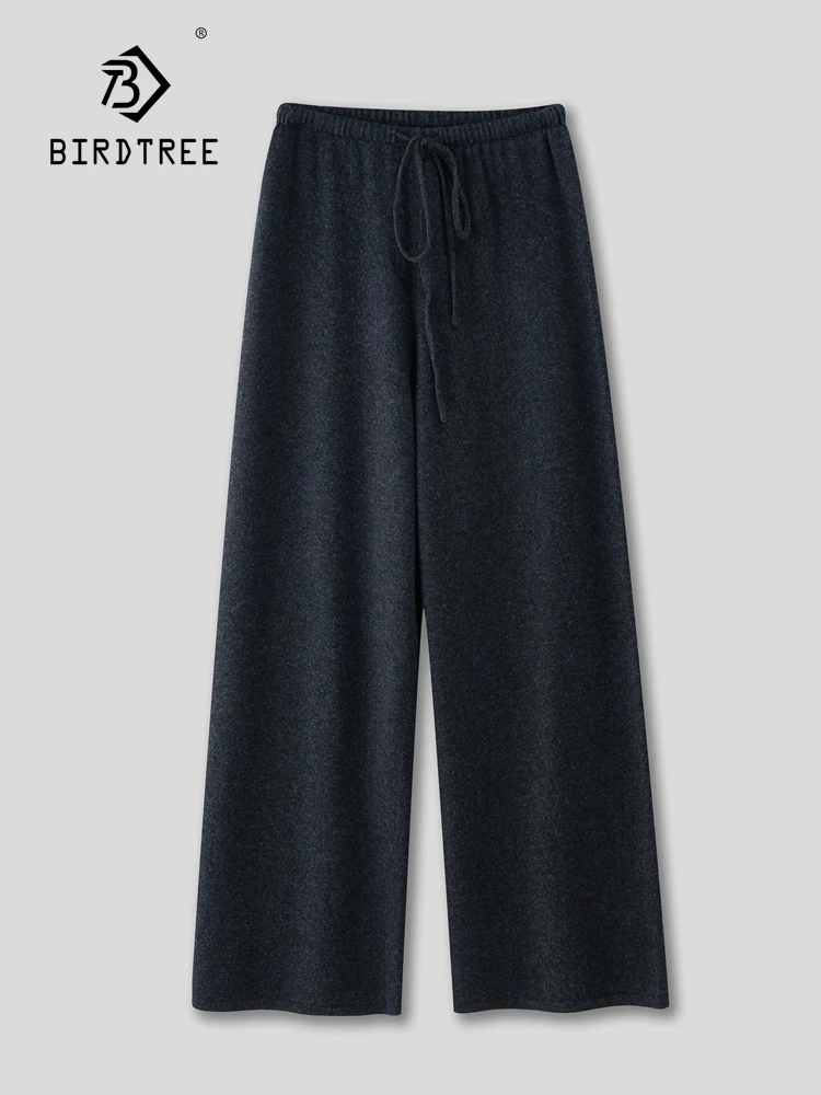 Birdtree-100% Sheep Wool Knited Pants, Elastic Waist Solid, Women Commute Soft Warm Straight Trousers, 2026 Autumn New B6O564CC