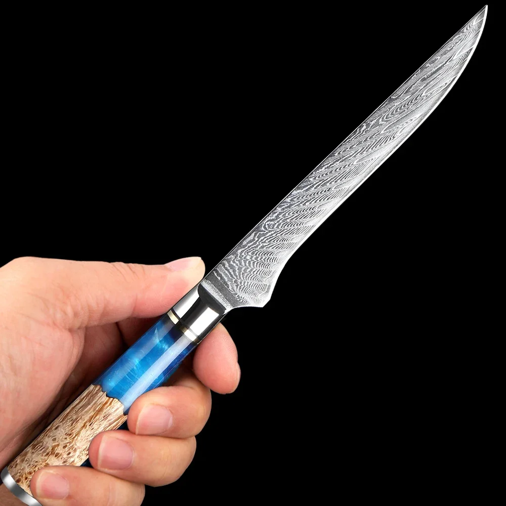 

Damascus Super Steel Boning Knife 5.5 inch Flexible Fillet Knives Forged 67-Layers Classic Knife Full Tang Wood & Resin Handle