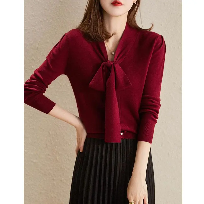 Autumn Winter New Red Women's Ribbon Slimming Solid Color Cotton Knit Cardigan Sweater Inner Outerwear
