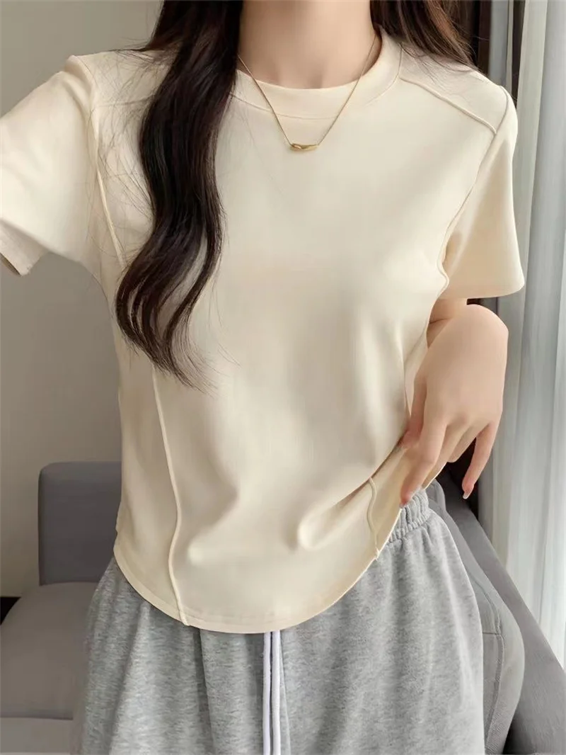 Women\'s T Shirts Solid Color Round Neck Short Sleeve Slim T shirt Women 2024 Summer Age Reduction Tops