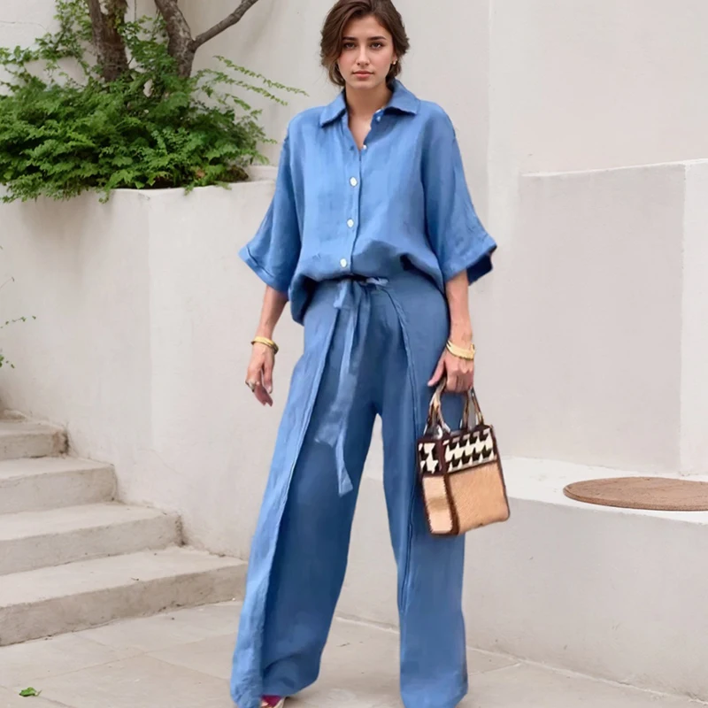 Set di camicie da donna eleganti Casual tinta unita in cotone e lino con bottoni colletto rovesciato camicia cintura gamba larga con spacco pantaloni irregolari