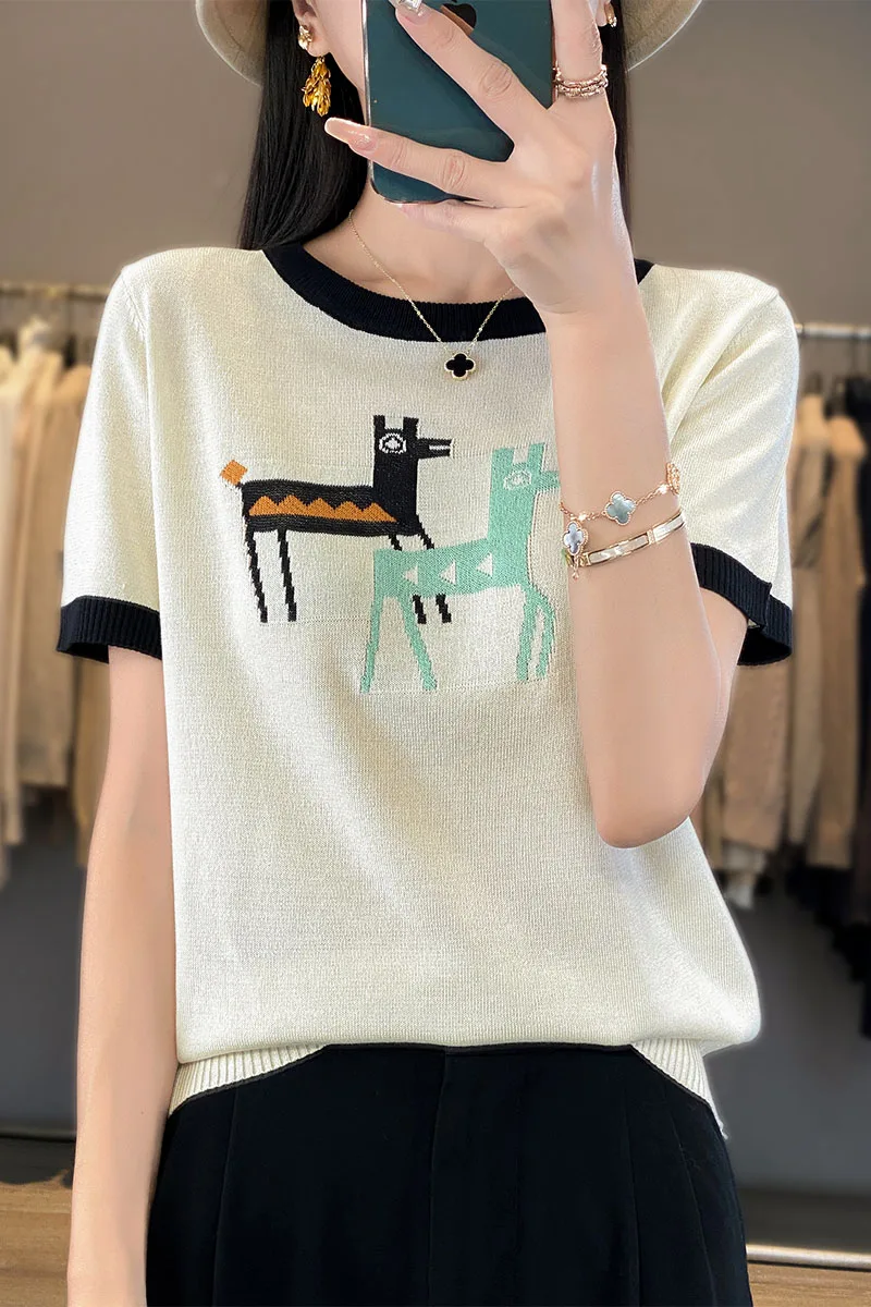 Summer New Ice Silk Short sleeved T-shirt Women\'s Fashionable Round Neck Jacquard Pony Contrast Knitted Shirt Top Thin