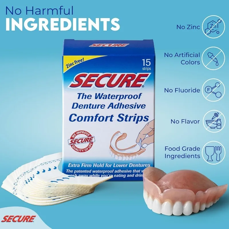 Denture Adhesive Strips Zinc Free Waterproof Comfortable Cushion Fit for Uppers & Lowers – Extra Firm All-Day-Hold