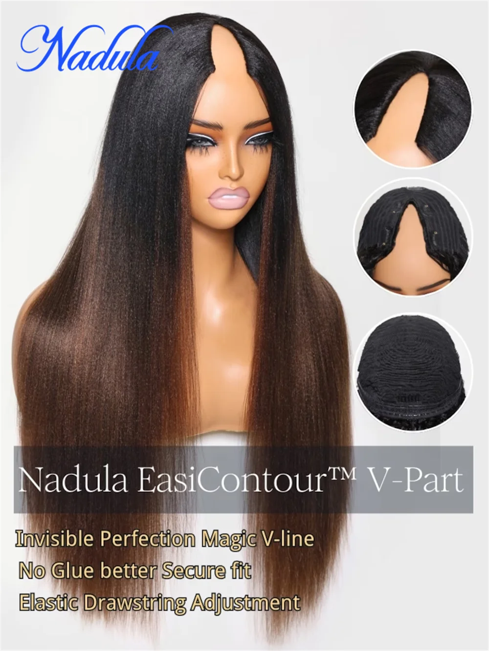 Nadula EasiContour do cabelo, contorno do cabelo™Peruca Glueless V Parte Yaki Perucas Retas, Castanha, Ombre Color, Cabelo Humano Leve