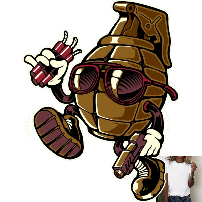Trendy Cartoon Grenade Heat Transfer White Ink Iron - on Patch, Cool Sunglasses & Weapons Pattern, Suitable for T -