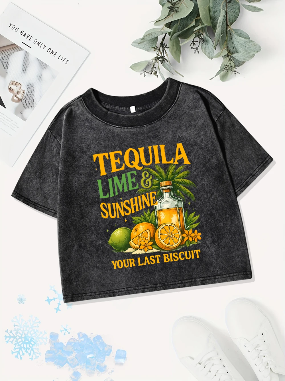

Summer Cotton Crop Tops Women Tequila Lime Sunshie Your Last Biscuit Prints Washed T-Shirt Y2K O-Neck Fit Tees Casual Clothes