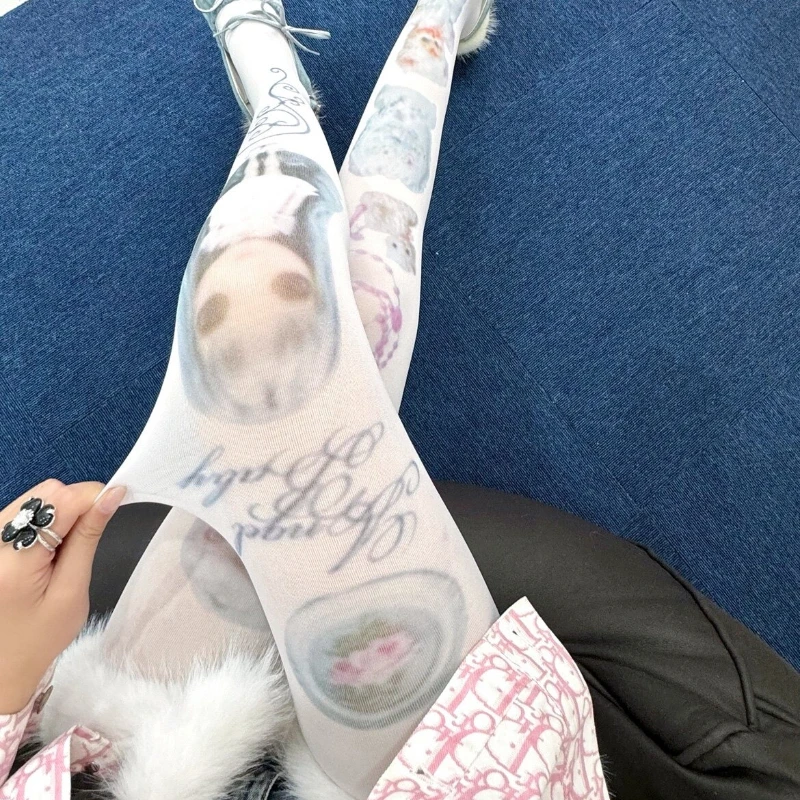 Japanese Lolita Sweet Cool Cute Girl Pantyhose Doll Print Y2K Spicy Girl Bottom Socks Harajuku Style Retro Silk Socks