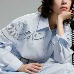 New In Autumn Embroidery Loose Casual Mid-length Shirts & Blouses Women's Blouses Trend 2024 Top Blusas Korean Popular Clothes