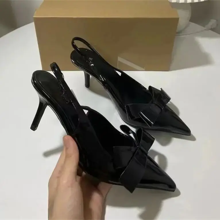 TRAF-salto alto com nó borboleta para mulheres, sandálias bege, slingback chique, couro pontudo sexy, salto feminino elegante de casamento