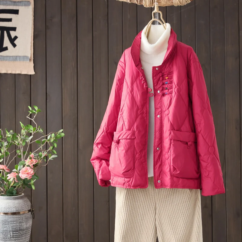 Schinteon Vrouwen Licht Donsjack Chinese Stijl Herfst Winter Uitloper Stand Kraag Warm Witte Eendendons Jas 2024 Nieuw